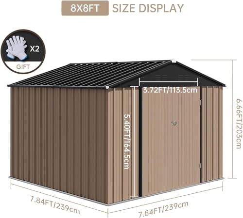 8x8 FT Outdoor Metal Storage Shed, Steel Utility Shed Storage, Metal Shed Outdoor Storage with Lockable Door Design with Sloped Roof for Backyard, Garden, Patio, Outdoor Use, Brown