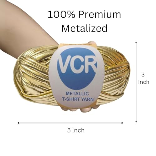 Image of VCR Shine Soft Gold Metallic T-Shirt Yarn, 100 Grams, 100% Metallized Craft Yarn, Pack of 1 Yarn, Suitable for Handbags, Tote Bags and Sling Bags