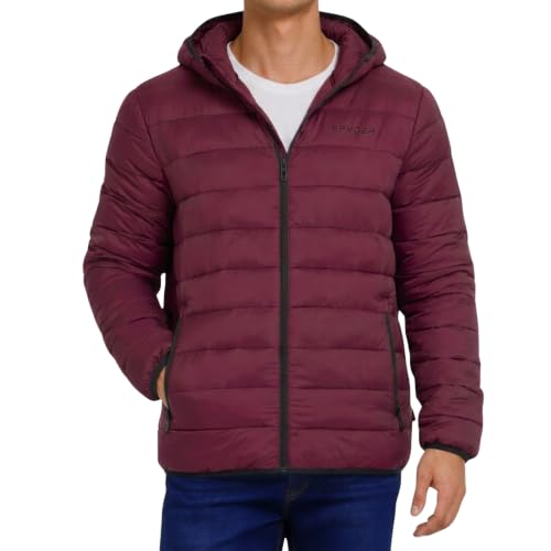 Image of Spyder Puffer Jacket Men - Packable Lightweight Quilted Hooded Winter Coat | Soft-touch insulation, packs into inner zip pocket, reversed coil zipper, zippered hand pockets