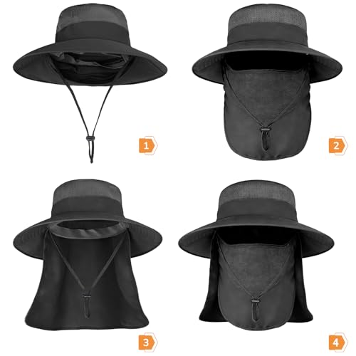 Image of Sun Hats for Men Women Fishing Hat UPF 50+ Breathable Wide Brim Bucket Hats Summer UV Protection Safari Hat with Neck Flap