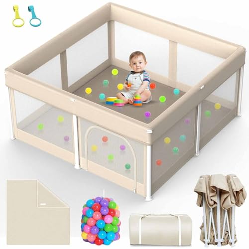 Foldable Baby Playpen with Mat Foldable Playpen for Babies and Toddlers Indoor & Outdoor Kids Safety PlayPen Portable Play Yard with 50 Ocean Balls (Khaki 127 * 127CM)