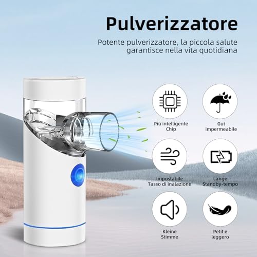 Aerosol Silenzioso, Ricaricabile USB-C Macchina Aerosol per Adulti e Bambini,Con Display Digitale, Aerosol Ultrasuoni Con 2 Maschere e un Boccaglio