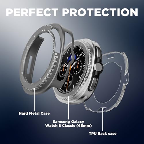 Wacanc Metal Protective Case For Samsung Galaxy Watch 8 Classic (2025) 46mm, Anti-Scratch Samsung Watch Case With Back Frame, Drak Gray - image 3