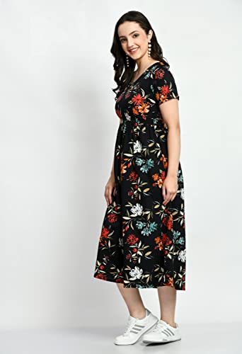Image of KLART Women Stylish Casual Maxi | A-Line Dress with V-Neck & Short Sleeves | Floral Print Fit & Flare Summer Wear