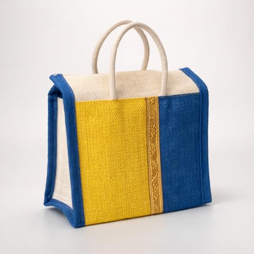 Image of Soman Jute Thamboolam Bags for Return Gifts Yellow and Royal Blue Combo - Pack of 10 bags