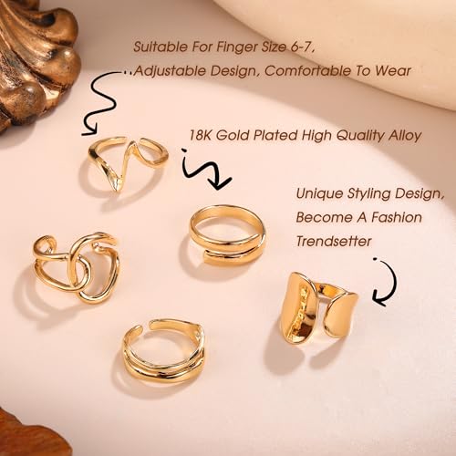 FIBO STEEL 12Pcs Chunky Rings for Women - 18K Gold Plated Thick Rings Stacking Open Rings Set Adjustable4