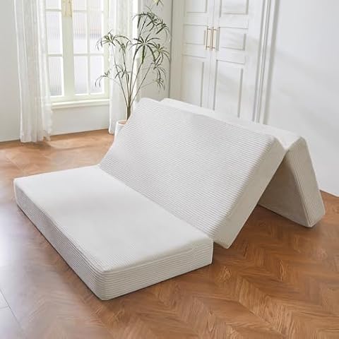 BYBYME Corduroy Tri-Folding Mattress, 6 Inch Gel Folding Mattress Topper, Foldable Soft Guest Bed Camping Pad, Washable Cover (Beige, Queen) Cover