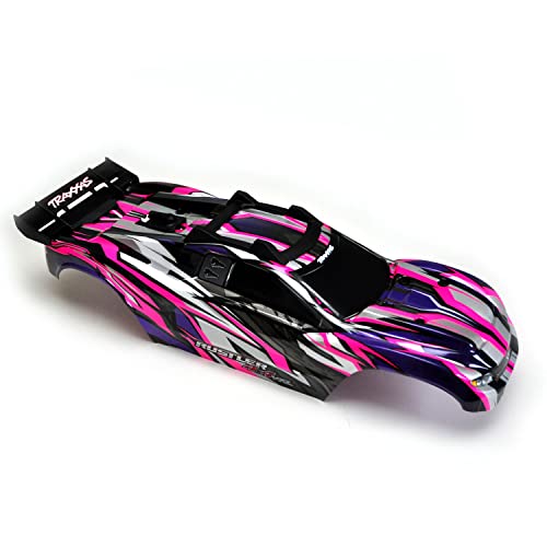 Bundle- Body for Traxxas Rustler 4x4 VXL or XL5 with Skid Plate, Wing, Clipless Mounts, & Stickers, Factory Painted Pink, Sliver & Purple - Stock Replacement
