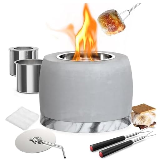 Tabletop Fire Pit Bowl with Smores Sticks, Concrete Mini Fireplace Indoor Outdoor Decor, Portable Rubbing Alcohol Burner, Long Time Burning Smokeless Odorless Smores Maker for Patio Balcony