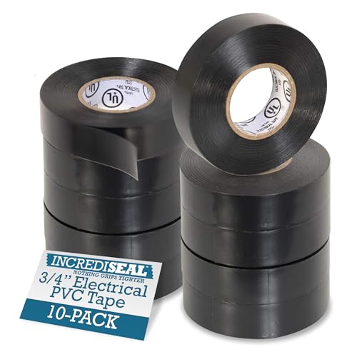 Image of IncrediSeal Black 3 /4 inch PVC Electrical Tape, 20 Yds, 7.0 Mil, Commercial, Water Resistant, Flame Retardant, Plastic, Vinyl, UL Approved, 600V (10 Rolls)