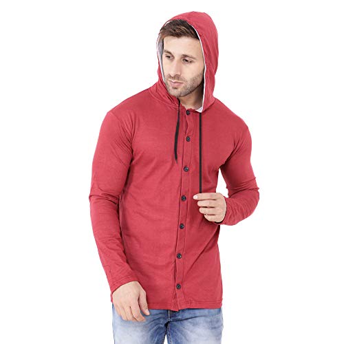 Image of Geum Men's Full Sleeve Hooded T-Shirt with Button-Down Front | Casual Slim Fit Cotton Shirt-Style Tee