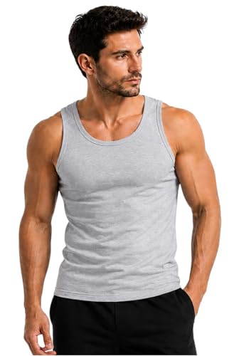 Image of Men's 100% Cotton Singlet Sleeveless Vests Bodybuilding Training Gym Tank Tops Basic Plain Colour Casual Undershirt (L, Grey)