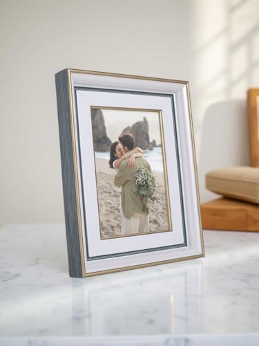 Image of GOLDEN PEACOCK Antique White, Blue and Gold 5x7 Inch Photo Frame | Set of 1 Elegant Wall & Tabletop Picture Frame for Home Decor and Gifting