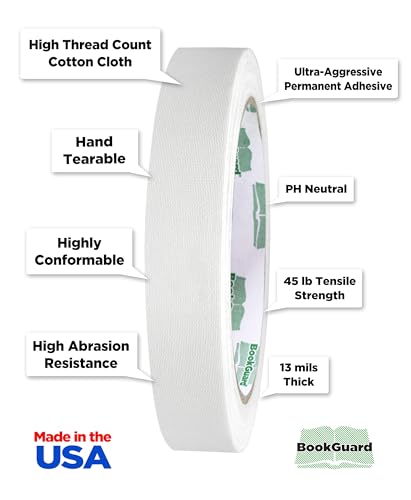 BookGuard 0.75 inch Premium Bookbinding Repair Cloth Tape, 15 Yard Roll, White