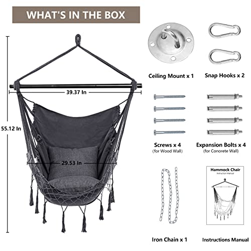 Hblife Hammock Chair, Max 330 Lbs, 2 Pillows Included, Dark Gray Hanging Chair With Pocket And Macrame, Swing Rope Chair For Bedroom, Backyard And Deck #TOP1
