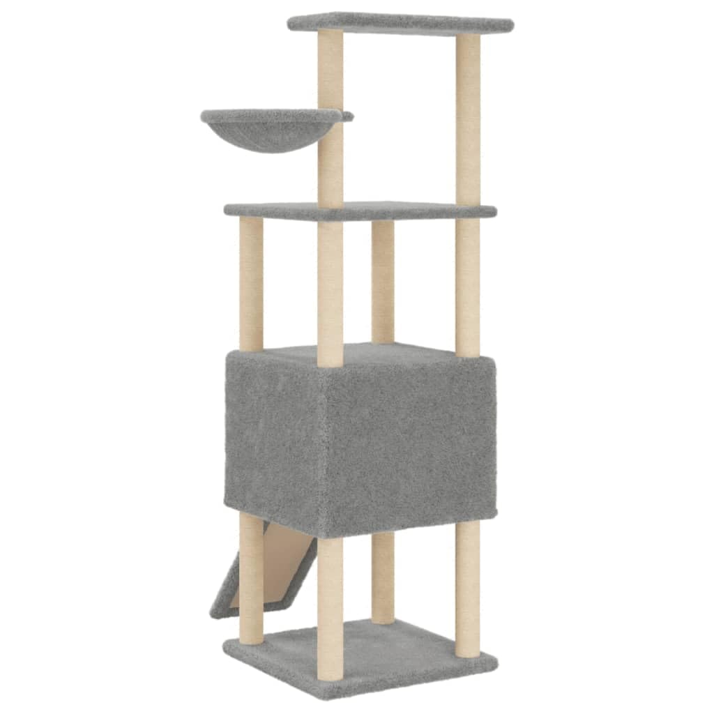 Árbol rascador de 153 cm con cueva, color gris claro | Torre para gatos de varios pisos con cueva, hueco para tumbarse y rampa de juego para el salón, estable y versátil.