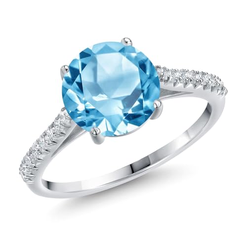 Gem Stone King 14K White Gold Swiss Blue Topaz and White Lab Grown Diamond Engagement Ring For Women | 3.26 Cttw | Round 9MM | Gemstone November Birthstone | Available in Size 5,6,7,8,9