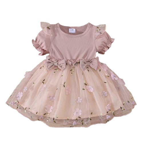 Infant Toddler Baby Girl Summer Dress Ruffle Short Sleeve Tulle Tutu Skirt Embroidery Flower Clothes for Party Beach Casual