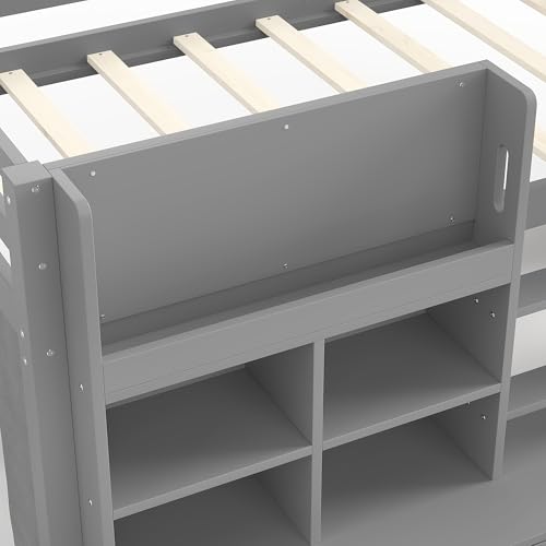 Image of Twin Size Low Loft Bed for Kids with Storage Shelves, Play Curtain & Chalkboard,Space-Saving Design,No Box Spring Needed (Gray-S7)