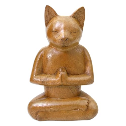 NOVICA Brown Animal Themed Suar Wood Sculpture, 6.5" Tall 'Cat in Deep Meditation'