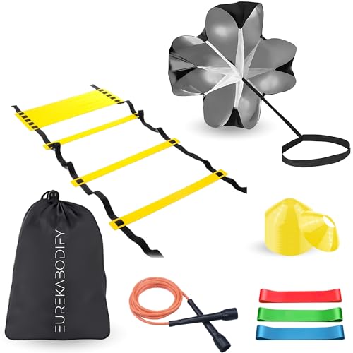 EUREKA BODIFY Kit d’Entraînement Football et Agilité - 10 Cônes d’Entraînement - Échelle d’Agilité 6m - Parachute d’Entraînement - 3 Bandes de...