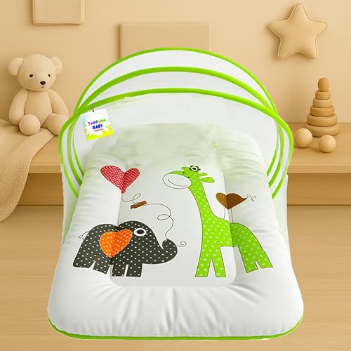 Image of Toddylon Baby Bedding Set New Born Baby Bed | Bed | Mattress | Mosquito Net | Insect Protector | Infants Carry Bed | Gadda Set (0-6 Months) Green