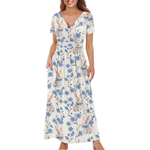 Image of Women's Fall Summer Short Sleeve Ankle Length V-Neck Party Dress with Pockets Size S-3XL