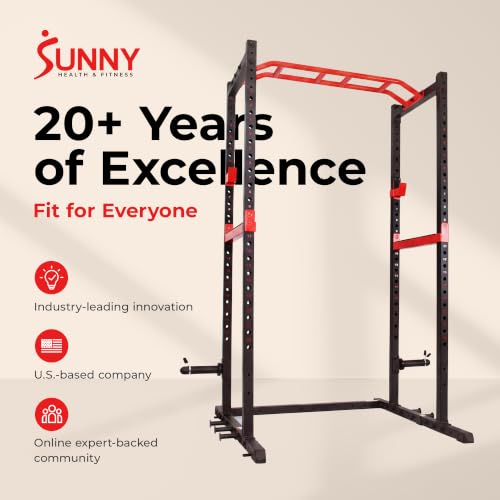 Sunny Health & Fitness Full Size Power Cage for Home Gym Training | Squats, Presses & Pull-Ups, Reversible Pull-Up Bar, Numbered Heights, 6 Band Pegs, Plate Storage, 2130 lb Rack - image 9