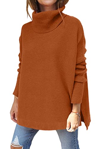 Image of LILLUSORY Women's Turtleneck Oversized Sweaters Long Batwing Sleeve Spilt Hem Tunic Pullover Knit Tops