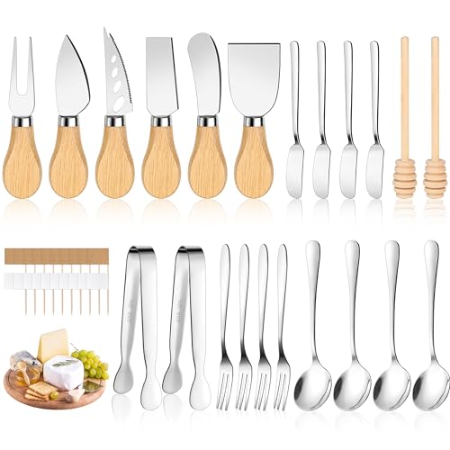 42 pcs Charcuterie Boards Accessories, Cheese Knife Set with Wooden Handle, Cheese Spreaders, Forks, Spoons, Tongs, Honey Dippers and Toothpick Flags