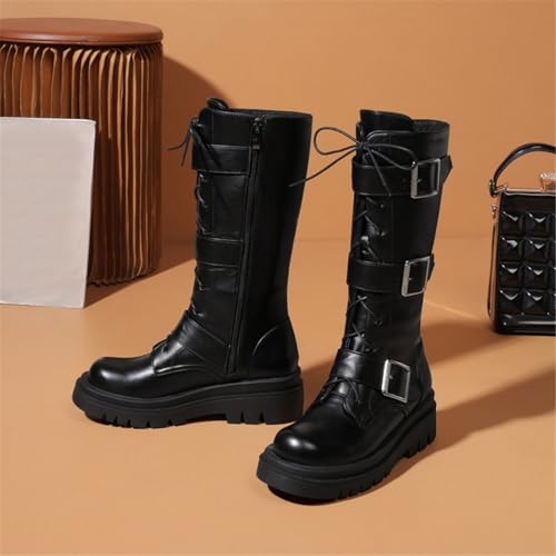 Image of FOREADA Goth Boots Chunky Heel Boot For Women Ankle Combat Booties Black Platform Bootie Buckle Rivets Punk Goth Shoes With Zipper