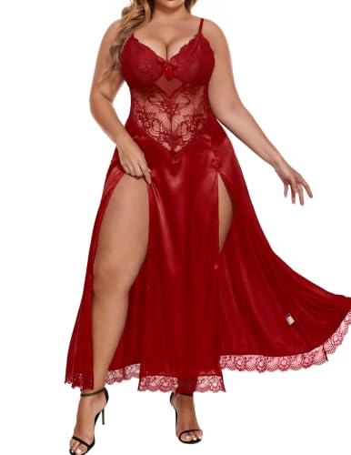Image of Alrovetoney Plus Size Lingerie For Women Babydoll Sexy Mesh Maxi Nightdress Exotic Sleepwear Side Slits