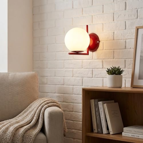 BARCELONA LED Applique da Parete ATOM Sfera in Vetro Bianco Ø15cm E27, Lampada da Parete Piccola con Supporto L in Alluminio Rosso, Stile Classico, Moderno, Vintage Illuminazione Interna Decorativa
