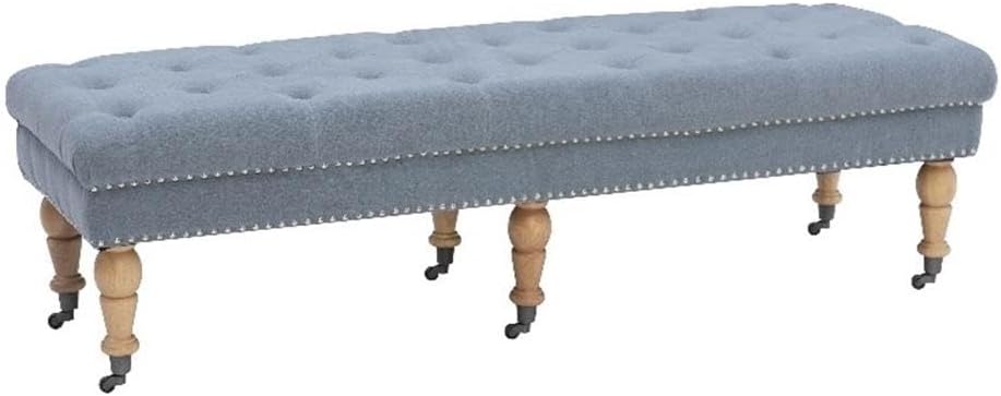 62" Washed Blue Linen Upholstered Traditional Bench
