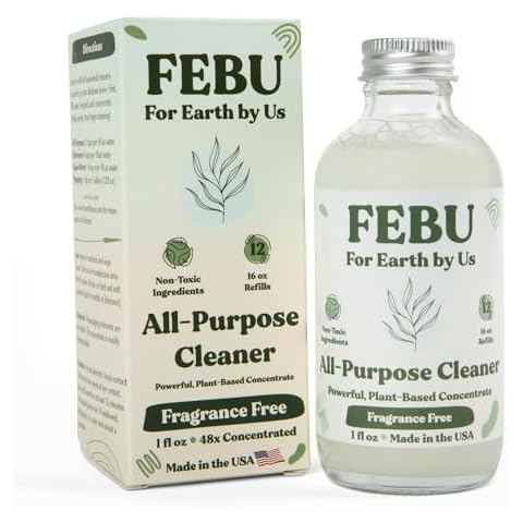 FEBU All Purpose Cleaner, Fragrance Free, 1oz | Powerful Natural Cleaner Concentrate With Essential Oils | Makes 48 Fl Oz of Multipurpose Spray | Plant-Based, Human Safe Ingredients | Plastic Free Cover