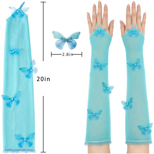 Luhiew Halloween Decorations Women's Butterfly Arm Warmer with 4 Pcs Butterfly Hair Clips (blue) - image 2