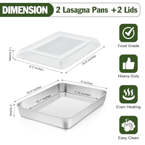 Image of TeamFar Baking Pan with Lid, 10.5 inchx 8 inch Stainless Steel Rectangular Cake Lasagna Pans with Cover for Cake Brownie Casseroles, Healthy & Sturdy, Oven & Dishwasher Safe - (2 Pans + 2 Lids)