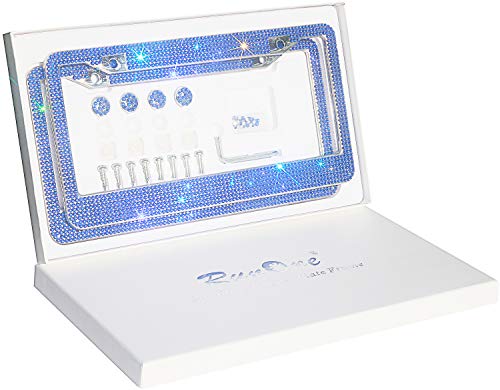 2 Pack Rhinestone License Plate Frame for Women,Premium Stainless Steel Cover 1000+ Finest 14 Facets Luxury Sparkling Crystal Diamond License Plate Frame with Giftbox & Bling Cap Screw Set (Blue)