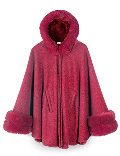 Dahlia Women's Winter Poncho Cape With Faux Fur & Fleece Lined, Large Burgundy #TOP28