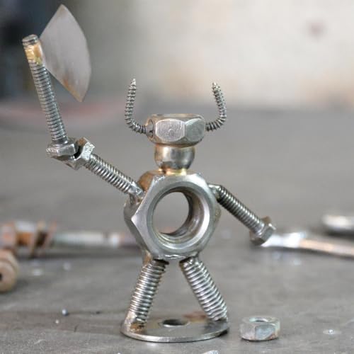 Image of Viking Berserker Warrior with Axe Recycled Metal Art Sculpture Ornament Ecofriendly Rustic Metallic Home Decor made from Upcycled Tools, Nuts and Bolts - 12cm
