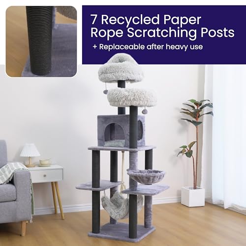Árbol para gatos grande 7 niveles con condo y camas gris miniatura 5