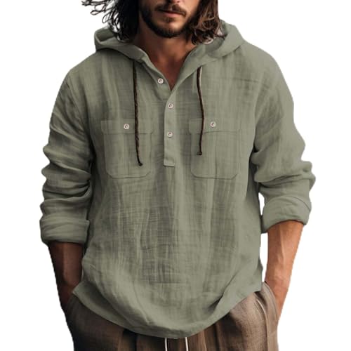 Cotton Linen Button Down Shirt Men Long Sleeve Tops With Pockets Hawaiian Beach Pullover Lightweight Fashion Hoodies