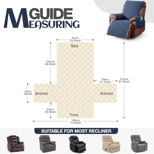 Image of KinCam 100% Waterproof Recliner Chair Cover, Reclining Couch Covers for Pets, Dogs, Recliner Couch Slipcover Furniture Protector with Elastic Straps for Kids(23.6 inch, Blue)