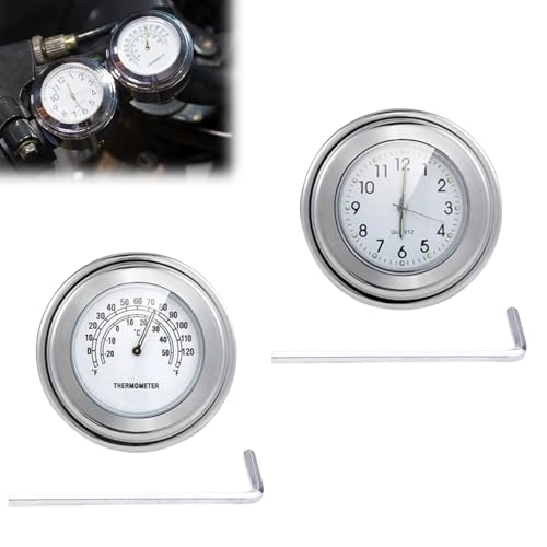 Tulov 2 Stück Uhr und Thermometer für Motorradlenker, 22 mm-25,4 mm(7/8 Zoll- 1 Zoll) Lenker, Wasserdichter Uhr für Motorradlenker, Motorrad-LenkerhalterungUhr für die meisten Motorräder