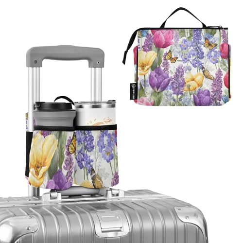 Image of Luggage Cup Holder for Suitcases Free Hands Suitcase Cup Holder Travel Luggage Drink Holder Portable Luggage Cup Caddy Bag Carrier with Handle Tulips Lavenders Purple Butterfly