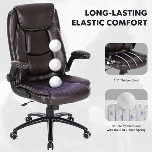 Image of 300lbs Capacity Executive Desk Chair Set of 2 with Ergonomic Lumbar Support, Flip-up Arms & High Back Leather Computer Chair for Home /Office, Brown