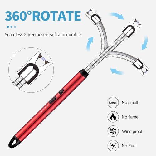 Image of Light Arc, Electric Lighter, USB Rechargeable Electric LED Display Stick Lighter with Long Flexible Neck Suitable for Kitchen, Lights, Gas Stoves, Barbecue (Red)