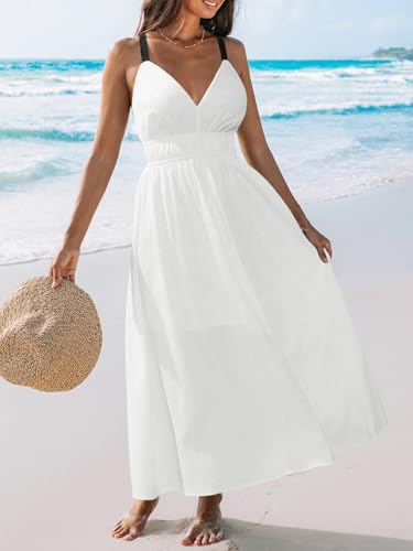 Image of CUPSHE Women 2026 Summer Beach Maxi Dress Plunge V Backless Cami Strape Smocked Waist Sun Dress Long Wedding Guest Dress