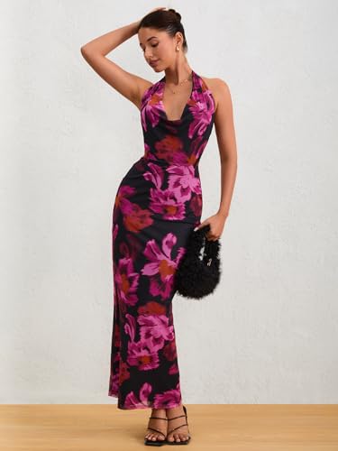 Milumia Women's Mesh Floral Open Back Deep V Neck Halter Maxi Long Dress3