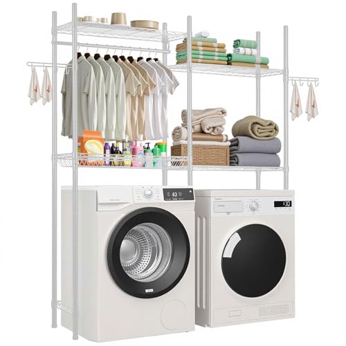 VEVOR Estante de Almacenamiento para Lavadora y Secadora, Tendedero de 4 Niveles con Barra y Ganchos, Estantes Ajustables de Dos Filas para Lavadora, Ahorra Espacio para Lavadero, Color Blanco